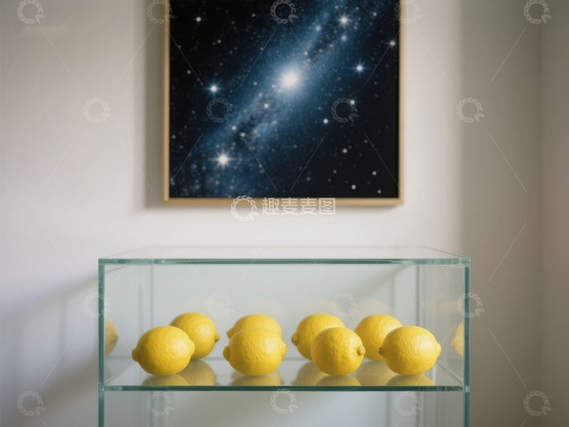 高清大图下载【趣麦麦图】玻璃柜中的柠檬与星空画作