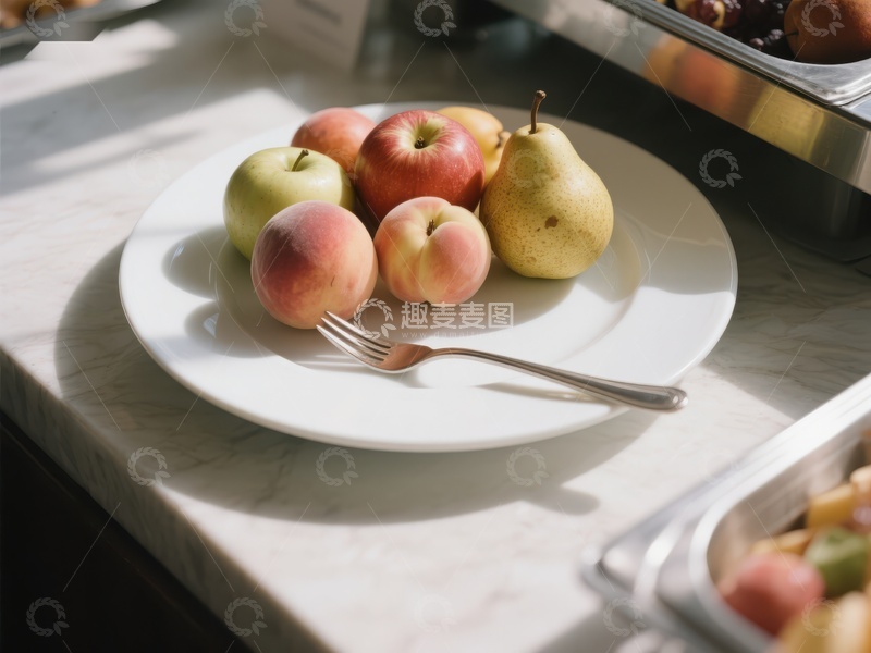 高清大图下载【趣麦麦图】盘中水果与叉子，阳光洒落