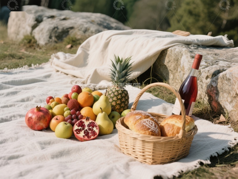 高清大图下载【趣麦麦图】户外野餐布置，水果面包与美酒