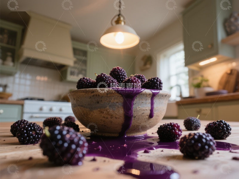 高清大图下载【趣麦麦图】黑莓溢出碗，紫色汁液洒在厨房台面上