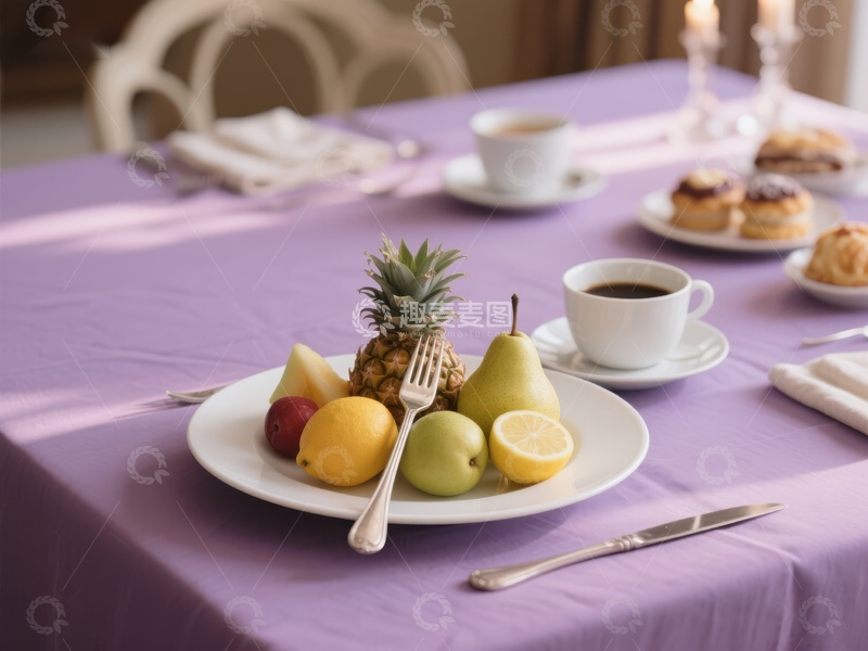 高清大图下载【趣麦麦图】精致早餐桌上的水果与咖啡
