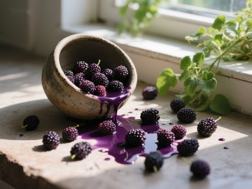 阳光下的黑莓与陶碗