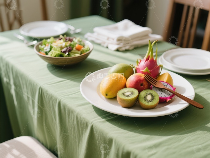 高清大图下载【趣麦麦图】餐桌上的新鲜水果与沙拉