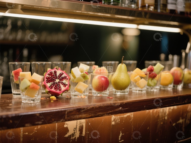 高清大图下载【趣麦麦图】吧台上的水果拼盘与饮品