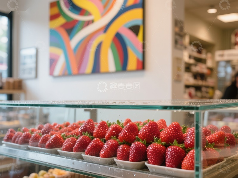 高清大图下载【趣麦麦图】新鲜草莓陈列于玻璃展示柜中