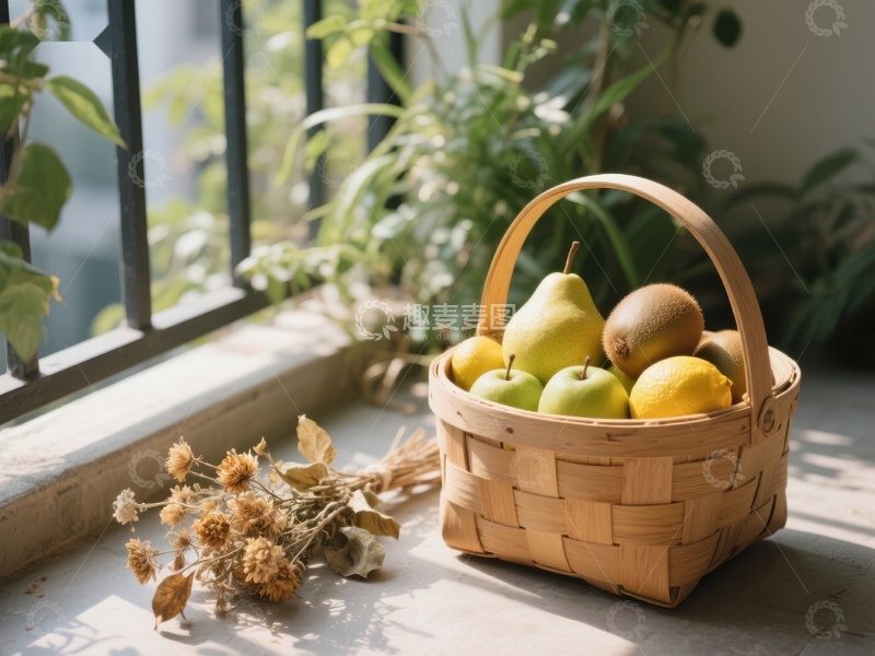 高清大图下载【趣麦麦图】窗边竹篮里的新鲜水果