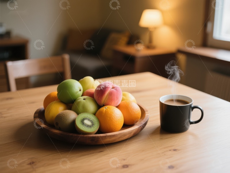 高清大图下载【趣麦麦图】水果盘与热饮，温馨室内一角