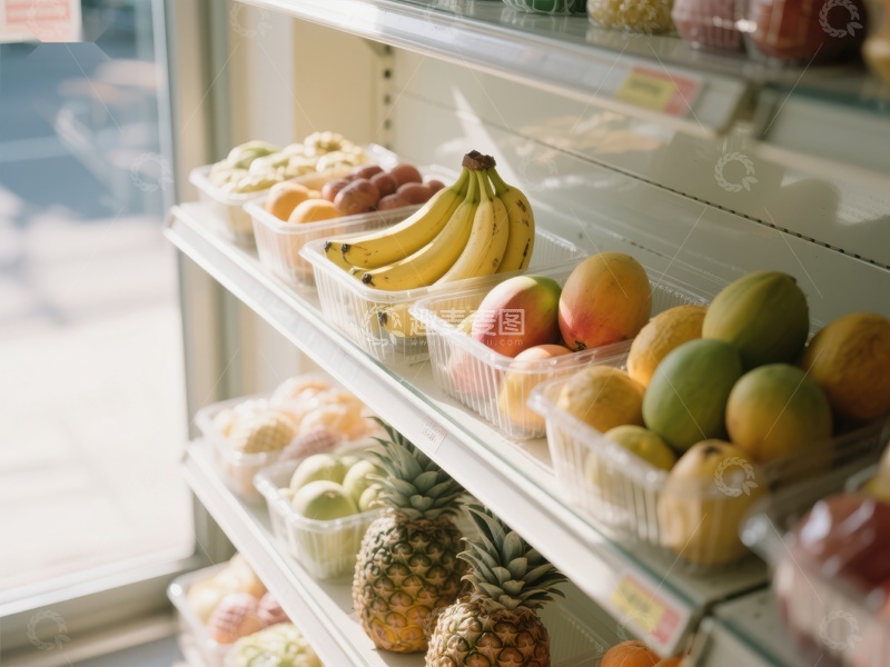 高清大图下载【趣麦麦图】新鲜水果陈列在超市货架上