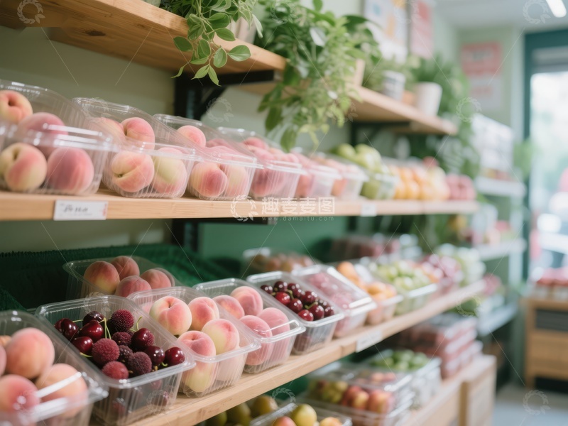 高清大图下载【趣麦麦图】新鲜水果陈列在超市货架上