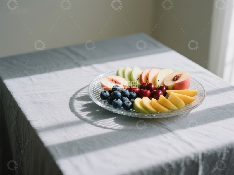 高清大图下载【趣麦麦图】新鲜水果拼盘置于阳光下的白色桌布上