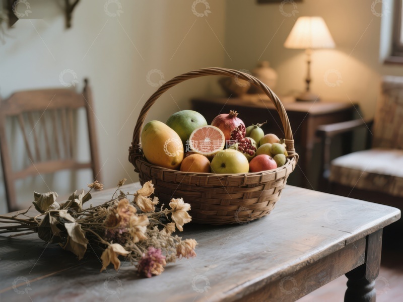 高清大图下载【趣麦麦图】木篮盛满新鲜水果置于古朴桌上