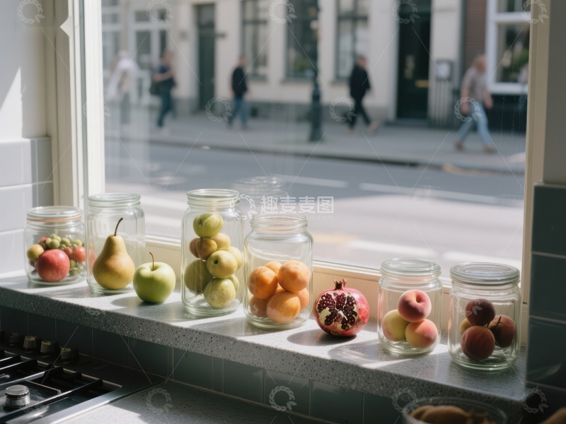 高清大图下载【趣麦麦图】窗台上的水果罐头与街景