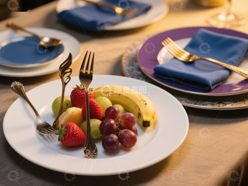 高清大图下载【趣麦麦图】精致餐桌上的水果盘与餐具