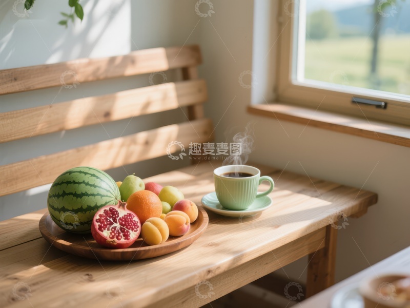 高清大图下载【趣麦麦图】窗边木桌上的水果与热饮