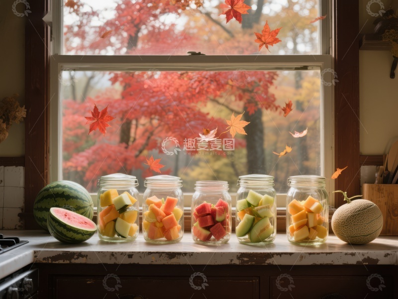 高清大图下载【趣麦麦图】秋日窗前的水果罐头