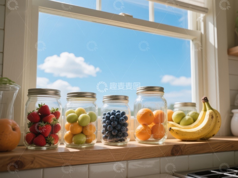 高清大图下载【趣麦麦图】窗台上的玻璃罐水果
