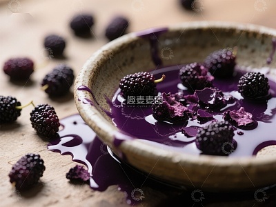 紫黑色桑葚在陶瓷碗中溢出