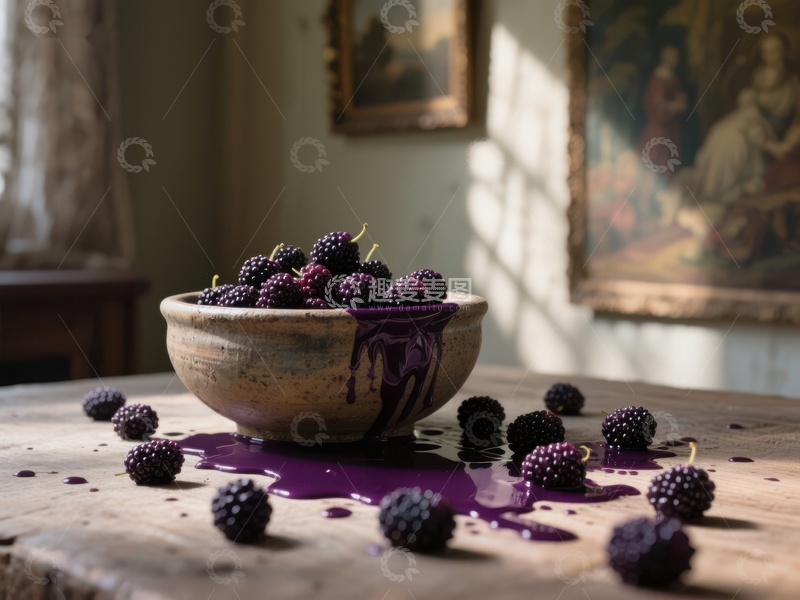 高清大图下载【趣麦麦图】紫莓溢出碗，洒落木质桌面