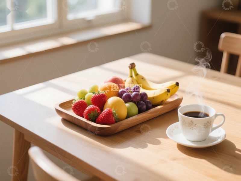 高清大图下载【趣麦麦图】-早餐水果与热饮的温馨场景