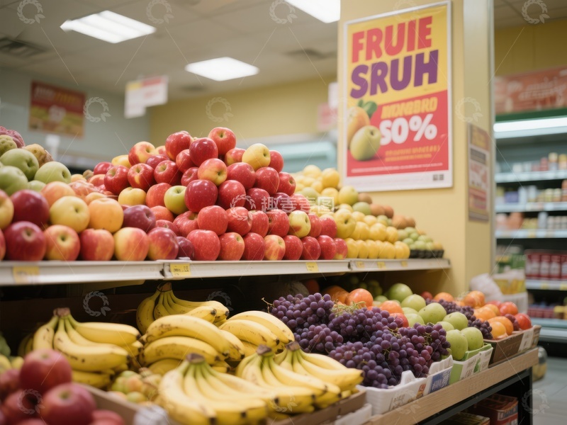 高清大图下载【趣麦麦图】超市水果区展示新鲜苹果香蕉葡萄