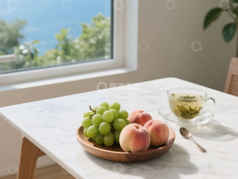 高清大图下载【趣麦麦图】窗边桌上的水果与茶