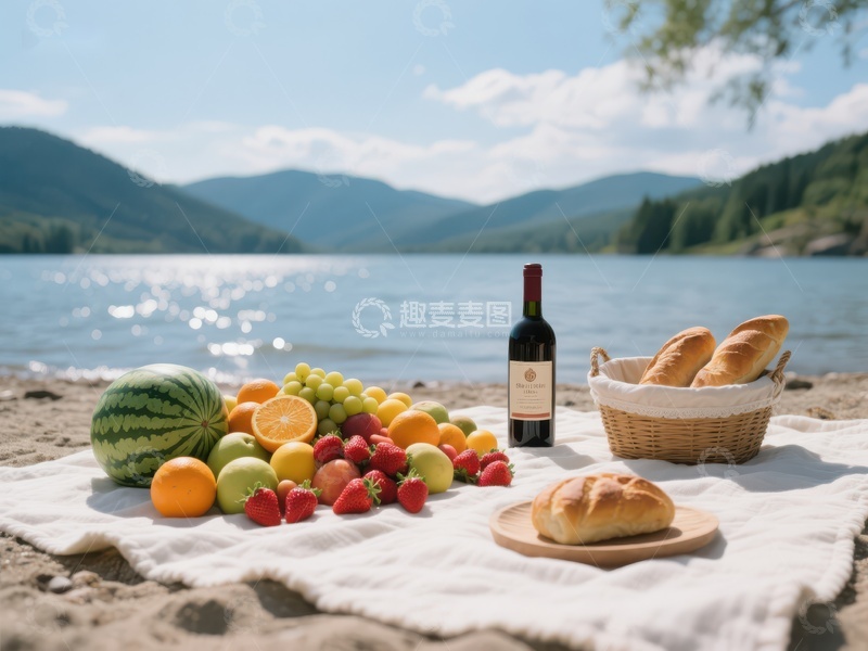 高清大图下载【趣麦麦图】湖畔野餐，水果面包与美酒