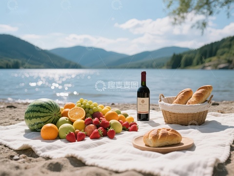 湖畔野餐，水果面包与美酒