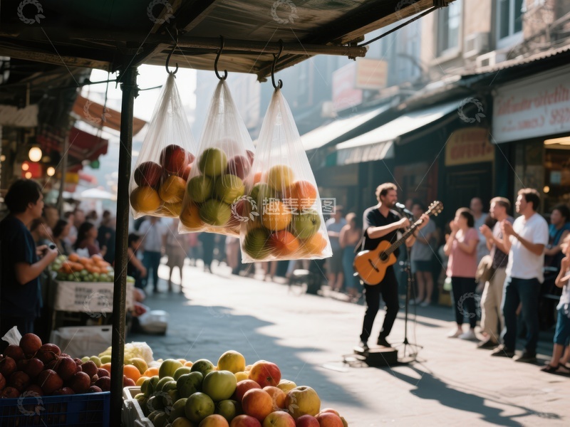 高清大图下载【趣麦麦图】街头歌手在水果摊前表演