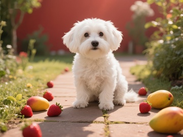 花园小径上的可爱小狗与水果