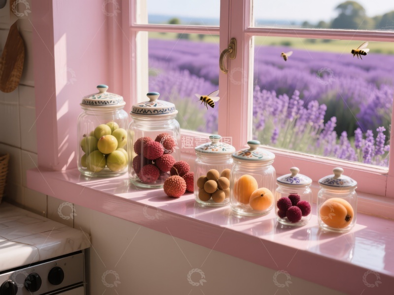 高清大图下载【趣麦麦图】窗台上的果罐与薰衣草田