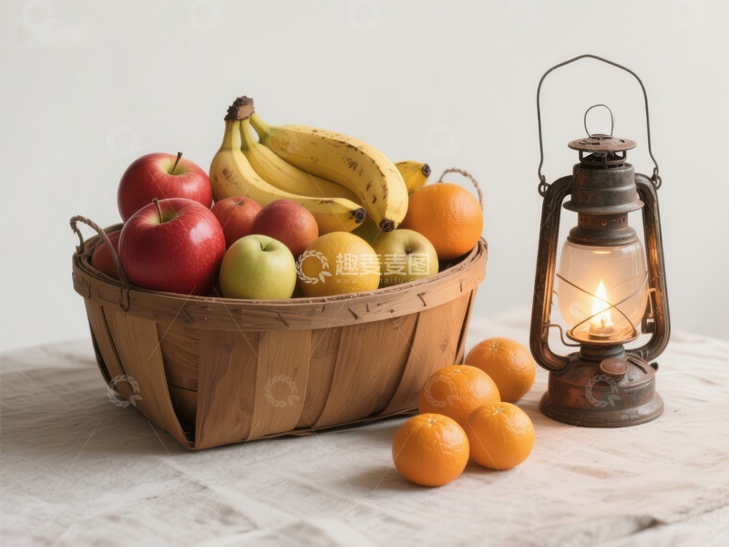 高清大图下载【趣麦麦图】水果篮与复古油灯静物
