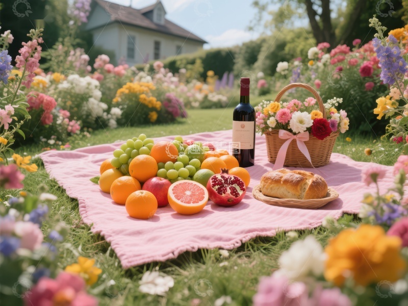 高清大图下载【趣麦麦图】花园野餐：水果美酒与鲜花相伴
