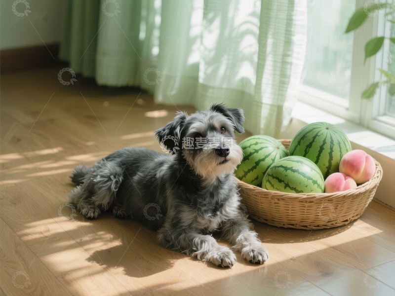 高清大图下载【趣麦麦图】阳光下的小狗与水果篮