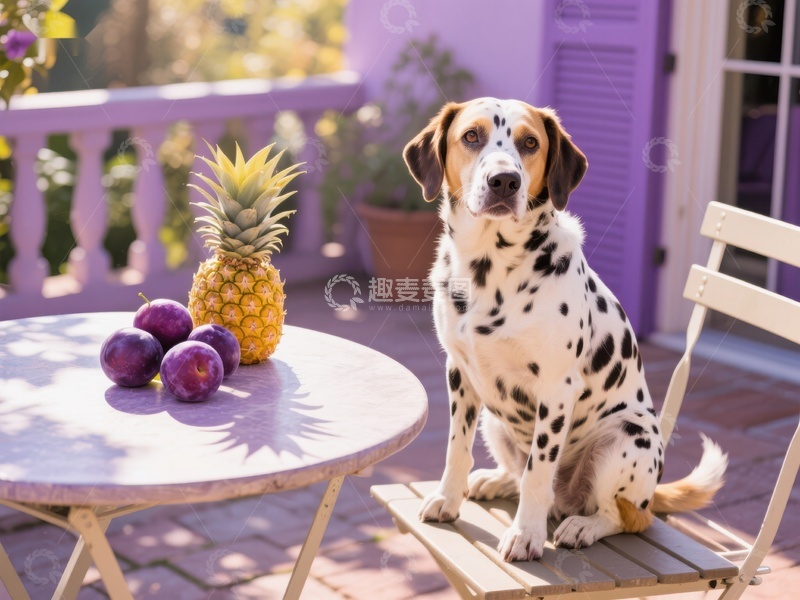 高清大图下载【趣麦麦图】斑点狗坐在椅子旁，桌上摆放菠萝和李子