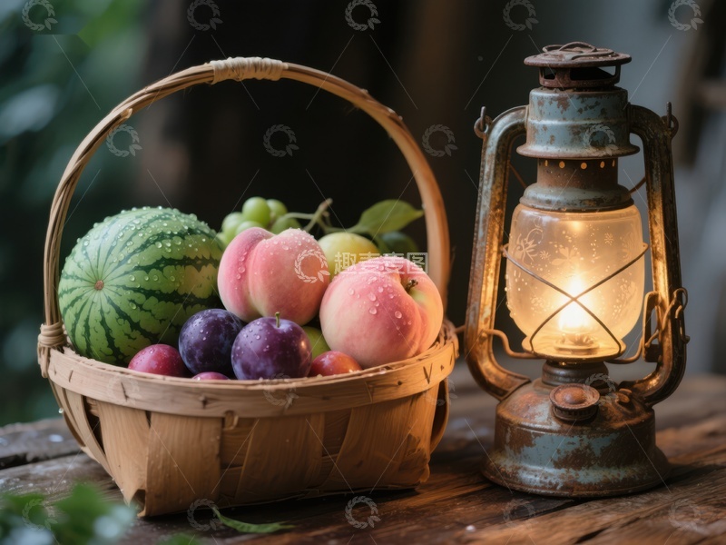 高清大图下载【趣麦麦图】篮中水果与古灯的静谧组合