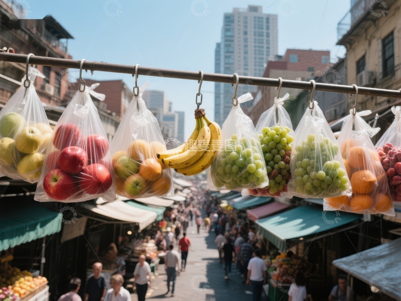 街头市场水果袋挂售