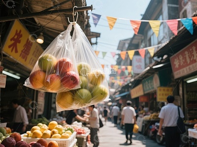 市场街景：塑料袋装满新鲜水果