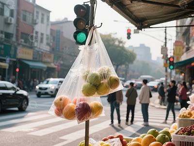 街头水果摊，塑料袋悬挂苹果梨子