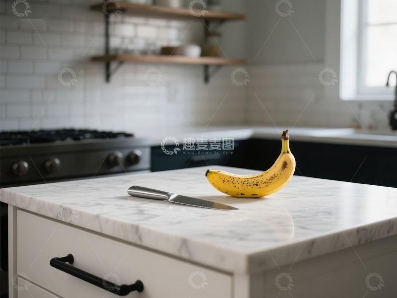 高清大图下载【趣麦麦图】厨房台面上的香蕉与刀具