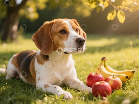 草地上的比格犬与水果