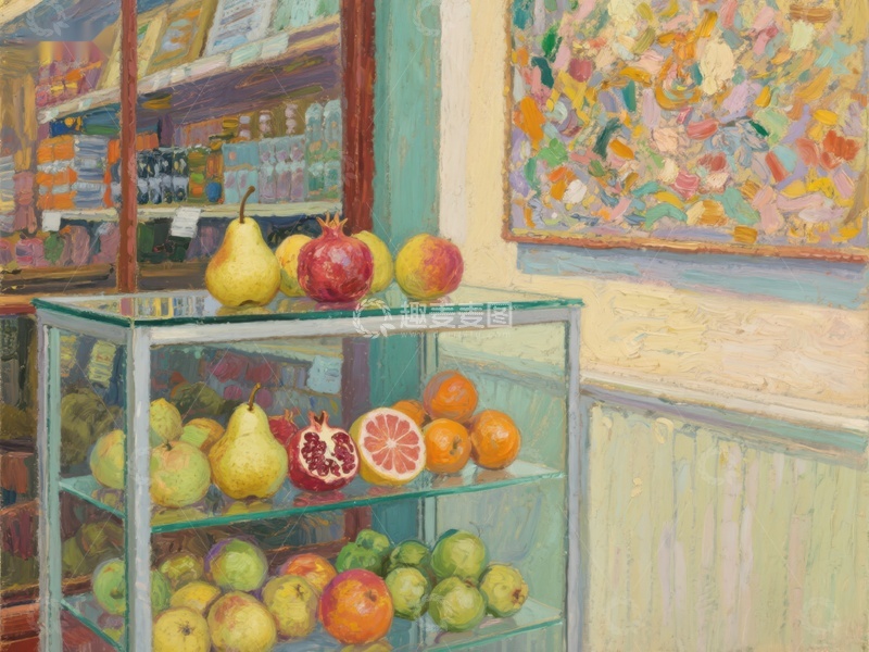 高清大图下载【趣麦麦图】水果展示柜与色彩斑斓的背景