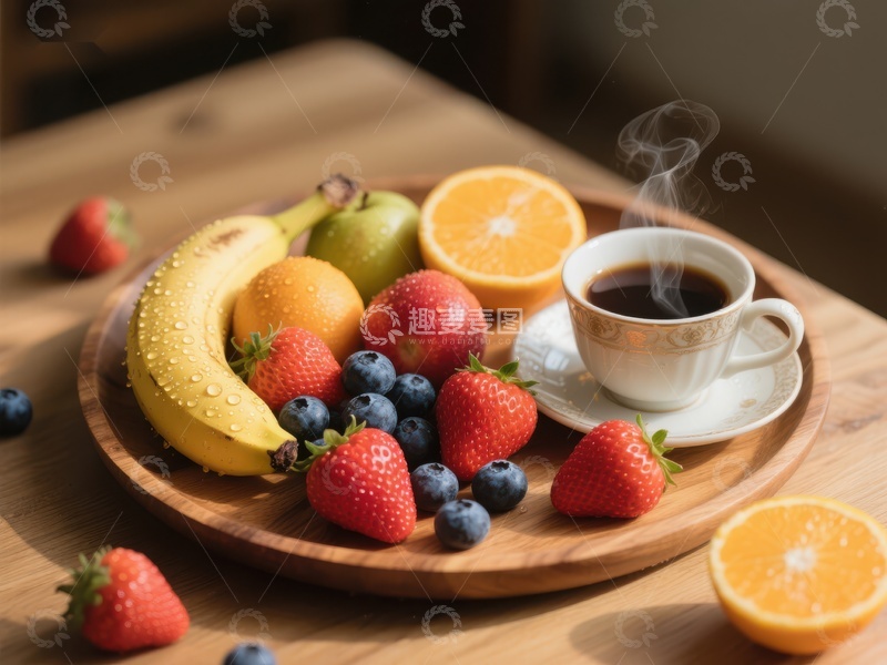 高清大图下载【趣麦麦图】新鲜水果与热咖啡的早餐组合