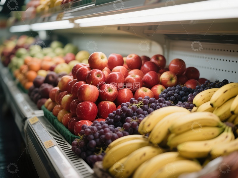 高清大图下载【趣麦麦图】超市水果区新鲜苹果葡萄香蕉陈列