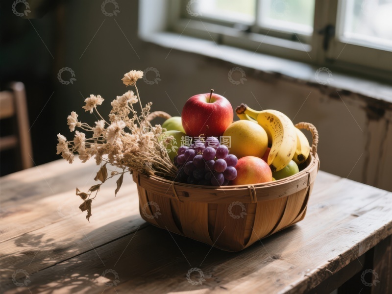 高清大图下载【趣麦麦图】木篮盛满新鲜水果与干花
