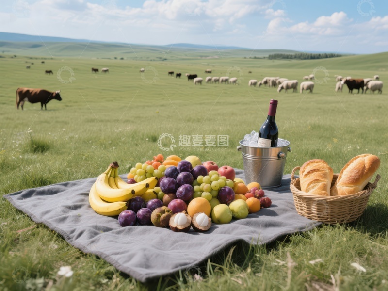 高清大图下载【趣麦麦图】草原野餐：水果面包与红酒