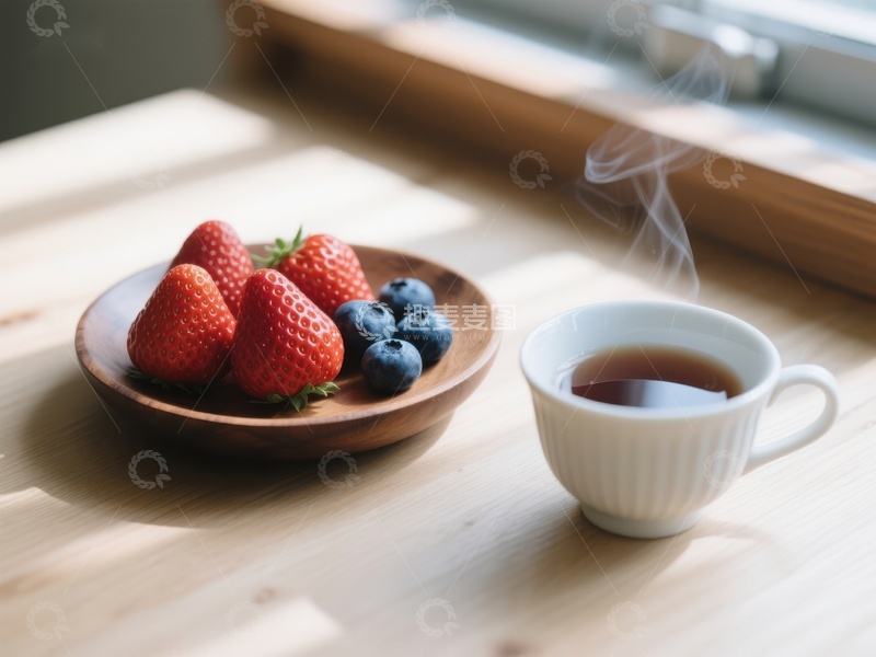 高清大图下载【趣麦麦图】热茶与新鲜草莓蓝莓的静谧时光
