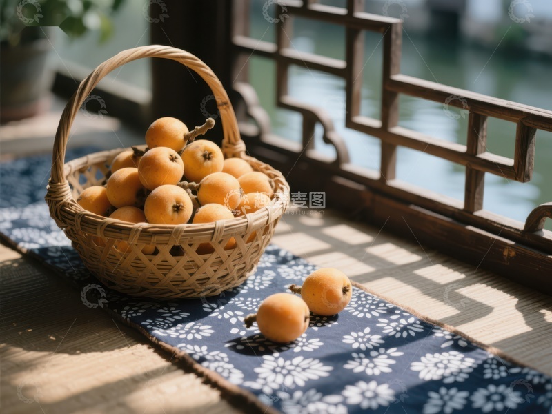 高清大图下载【趣麦麦图】窗边竹篮里的枇杷