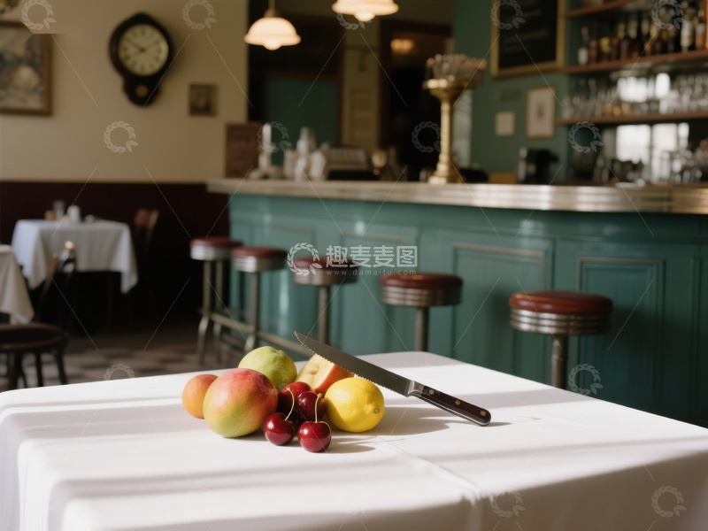 高清大图下载【趣麦麦图】复古餐厅内的水果与刀具静物