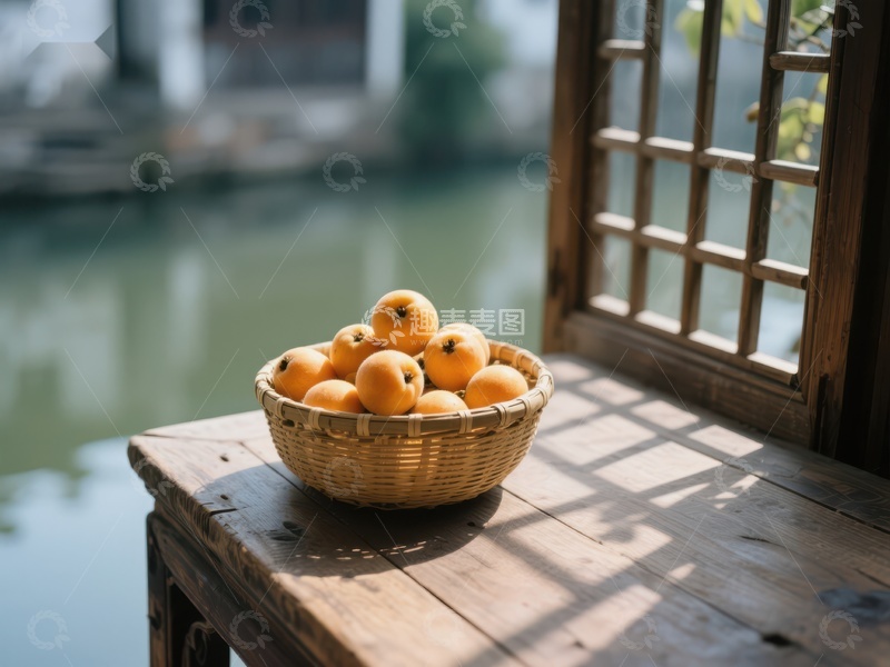 高清大图下载【趣麦麦图】窗边竹篮盛满橙色果实