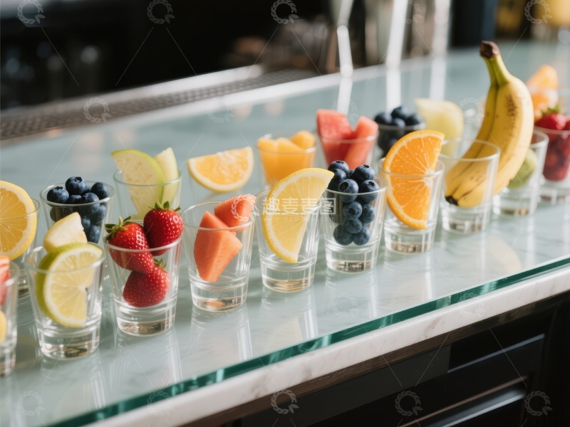 高清大图下载【趣麦麦图】色彩缤纷的水果杯排列在吧台上